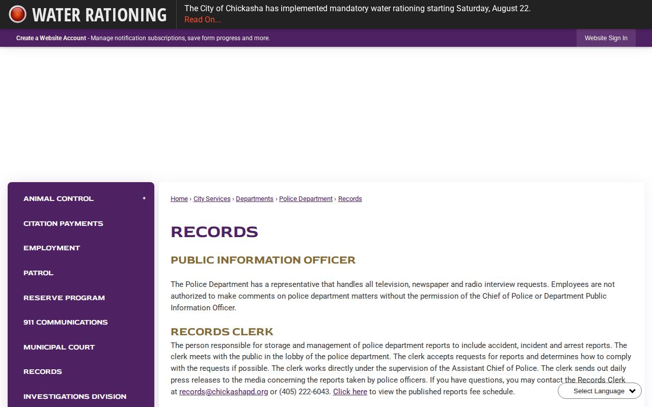 Chickasha Police Department Records page for arrest, incident, and accident report requests