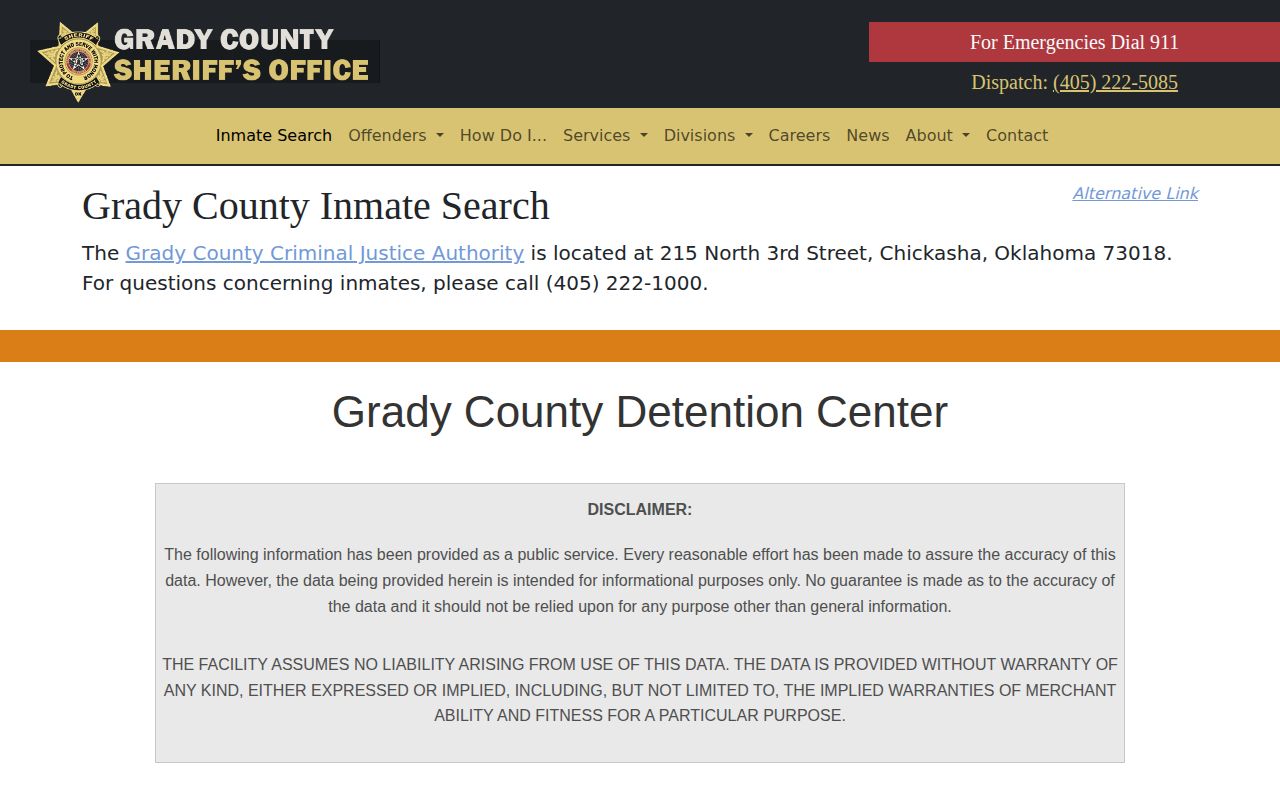 Grady County Sheriff inmate search referral for detention center custody records