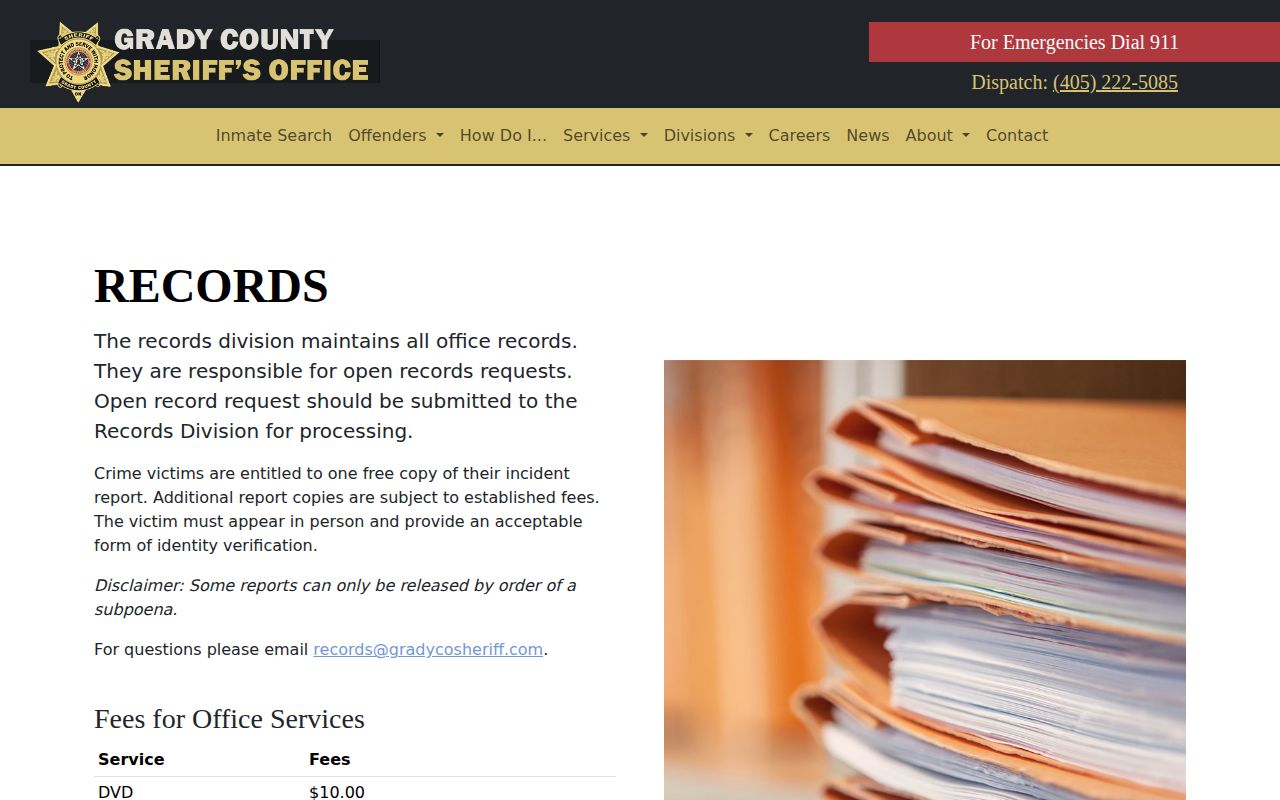 Grady County Sheriff Records Division booking record and photo request page
