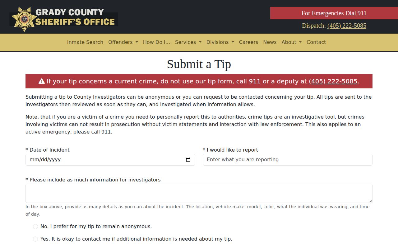 Grady County Sheriff official anonymous tip submission form